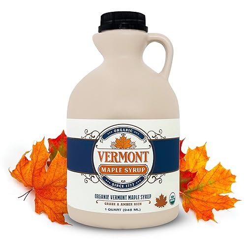 Vermont Maple Syrup - Jarabe de arce orgánico de grado A, ámbar rico de 32 oz - Jarabe de arce 100% puro y auténtico para panqueques, waffles y más