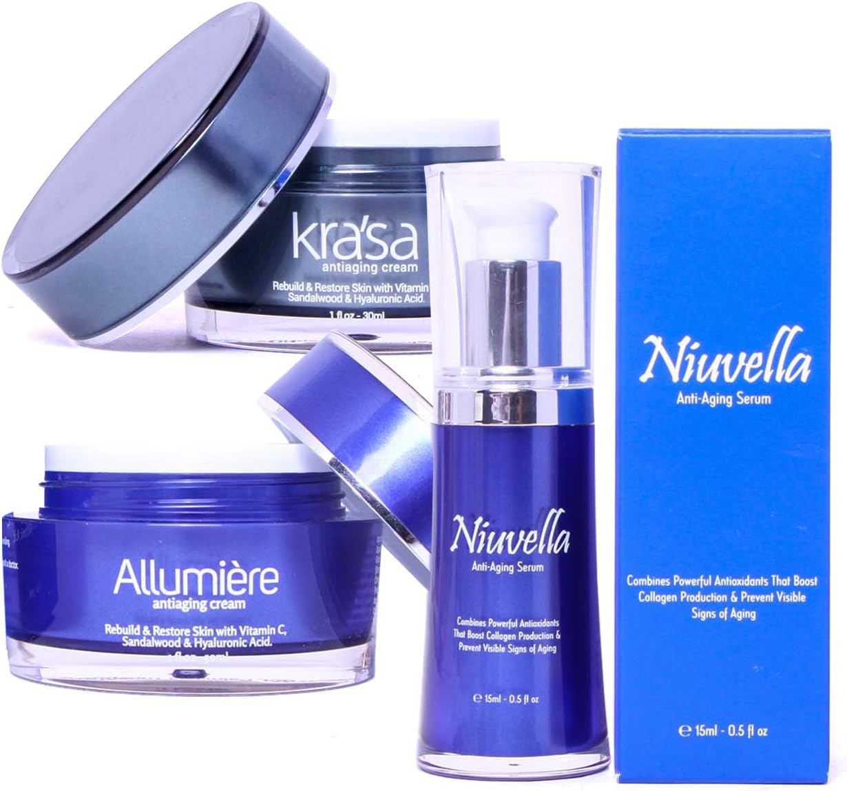All in One Anti-Aging Treatment with Krasa Anti-Aging Cream - Allumiere Anti-Aging Cream - Niuvella Anti-Aging Serum