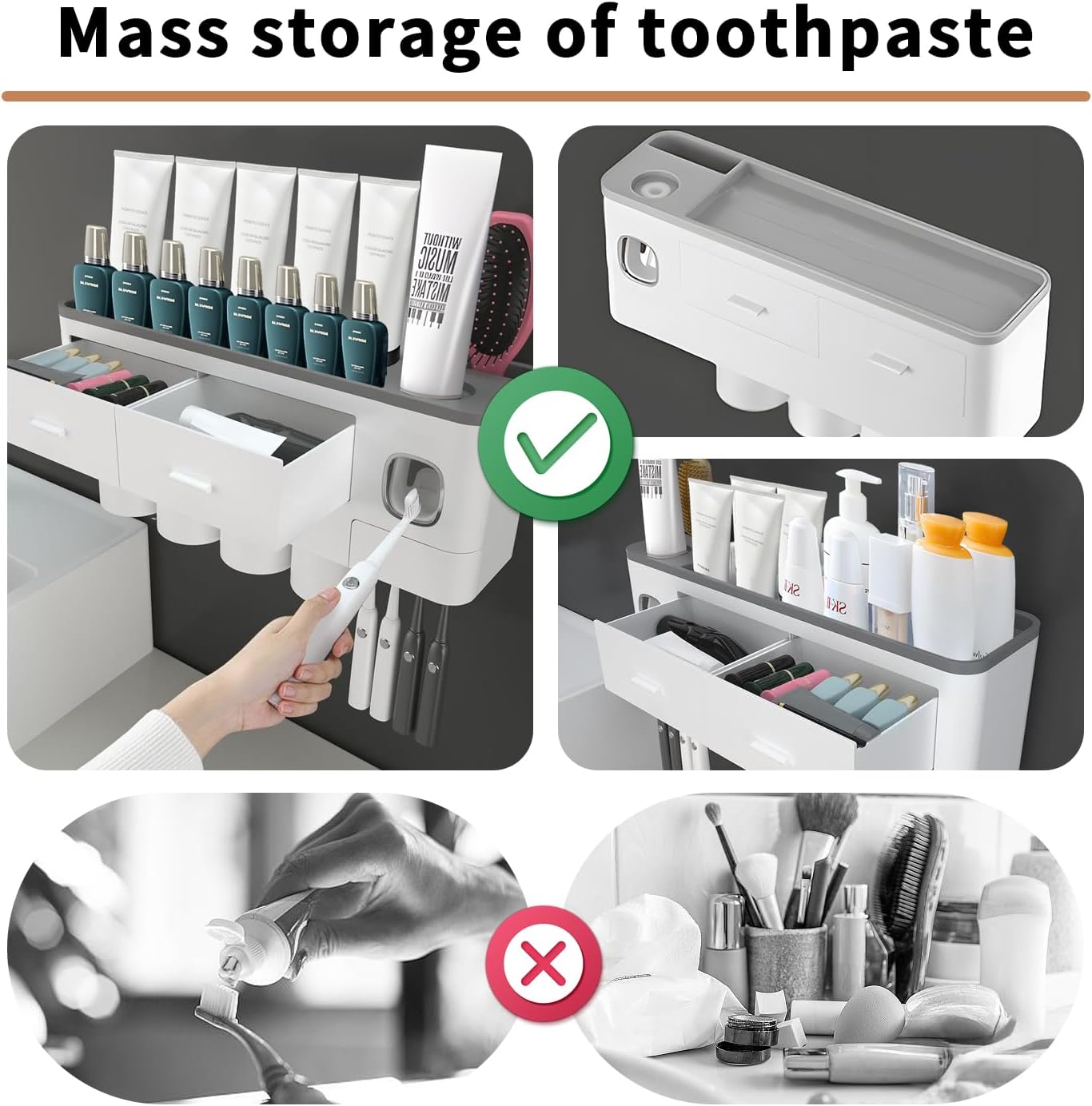 Toothbrush Holders Wall Mounted, Bathroom Toothbrush Organizer Set, Plastic White Toothpaste Holder Squeezer for Shower, 4 Cup & 2 Drawer, Can Hanging 8 Toothbrushes