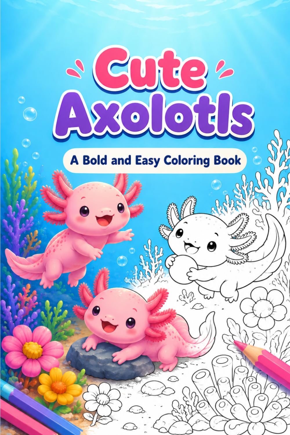 Cute Axolotls: A Bold and Easy Axolotl Coloring Book for Kids and Adults