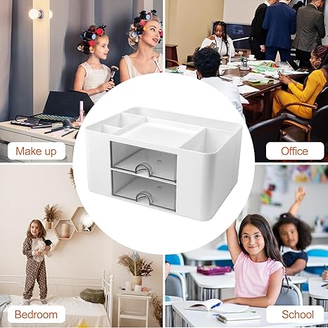 Shuttle Art Desk Organizer with 2 Drawers | Multi-Functional Stationery Holder for Office, Study Table, Home | 5 Compartment Pen, Pencil, Marker Storage Box for School & Art Supplies (White) - Image 9