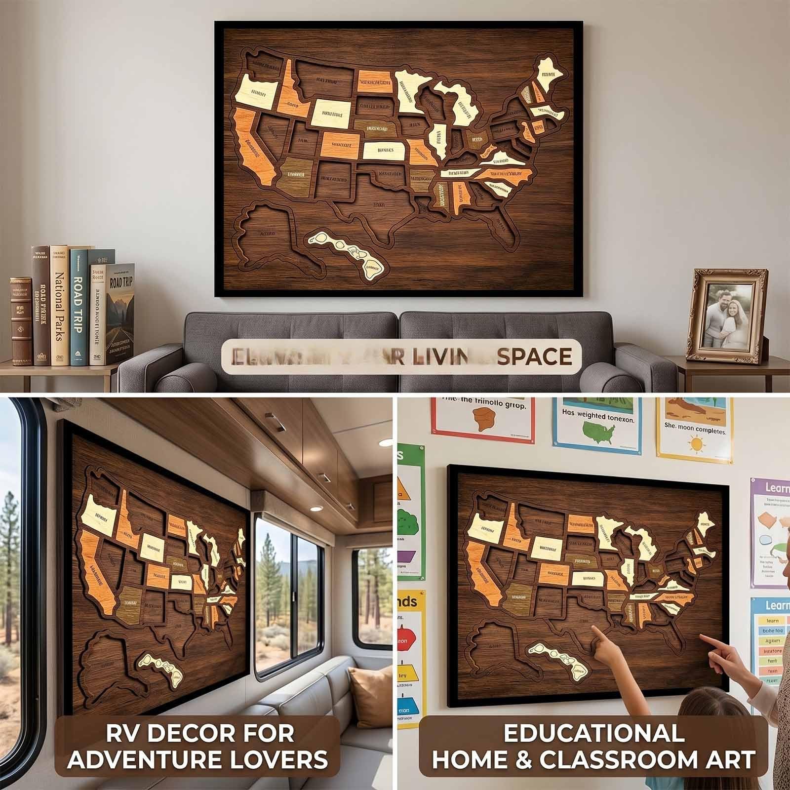 Holz-Puzzlerahmen mit USA-Reisekarte, Markierung der Staatskarte mit Elementen, Wanddekoration for Zuhause, Klassenzimmer, for Paare, Familie, Wohnmobil-Urlaub(A+Sticker*2pcs)