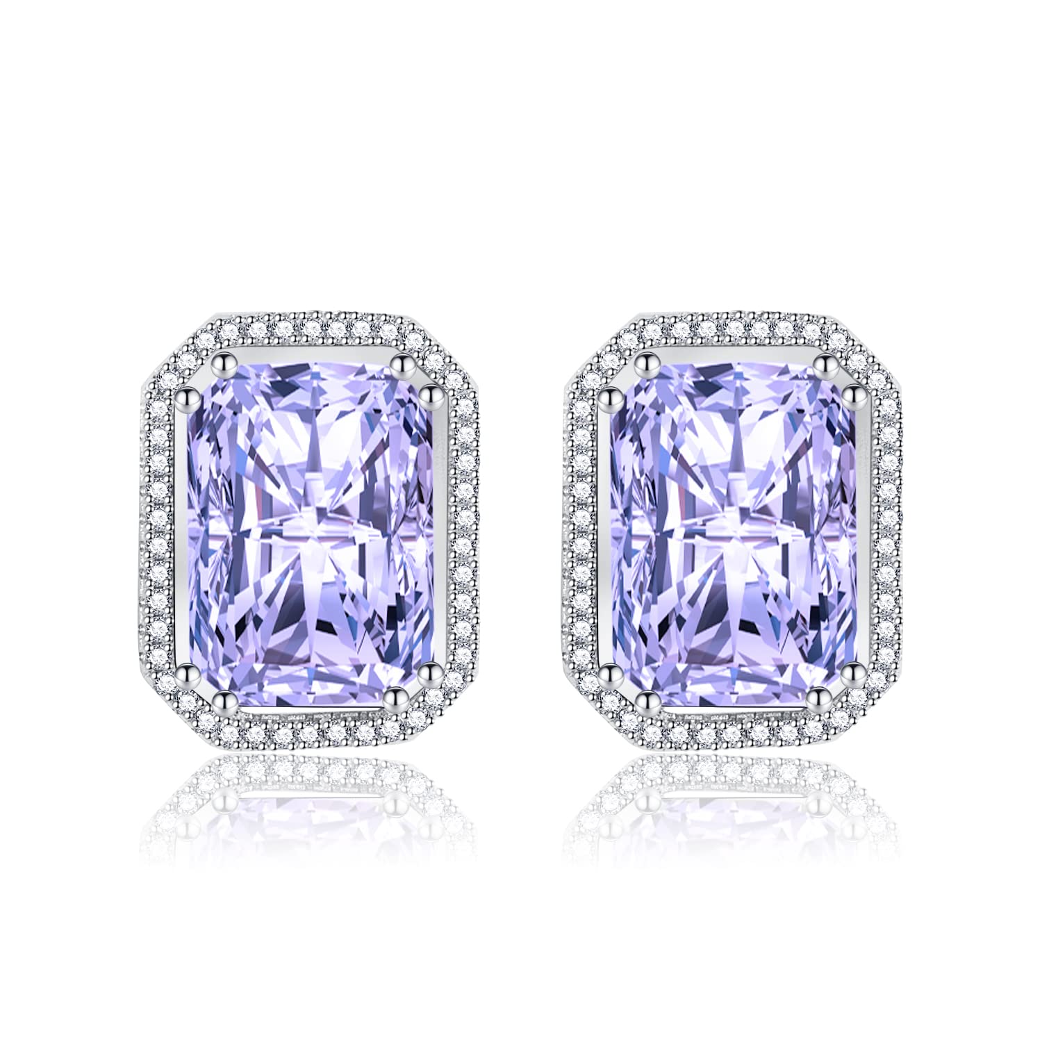 ShuxinSterling Silver Stud Earrings for Women, Silver Rectangle Cubic Zirconia Stud Earrings, Big Purple Faux Crystal Diamond Gemstone Studs Earrings, Bridal Earrings for Brides Bridesmaids Wedding