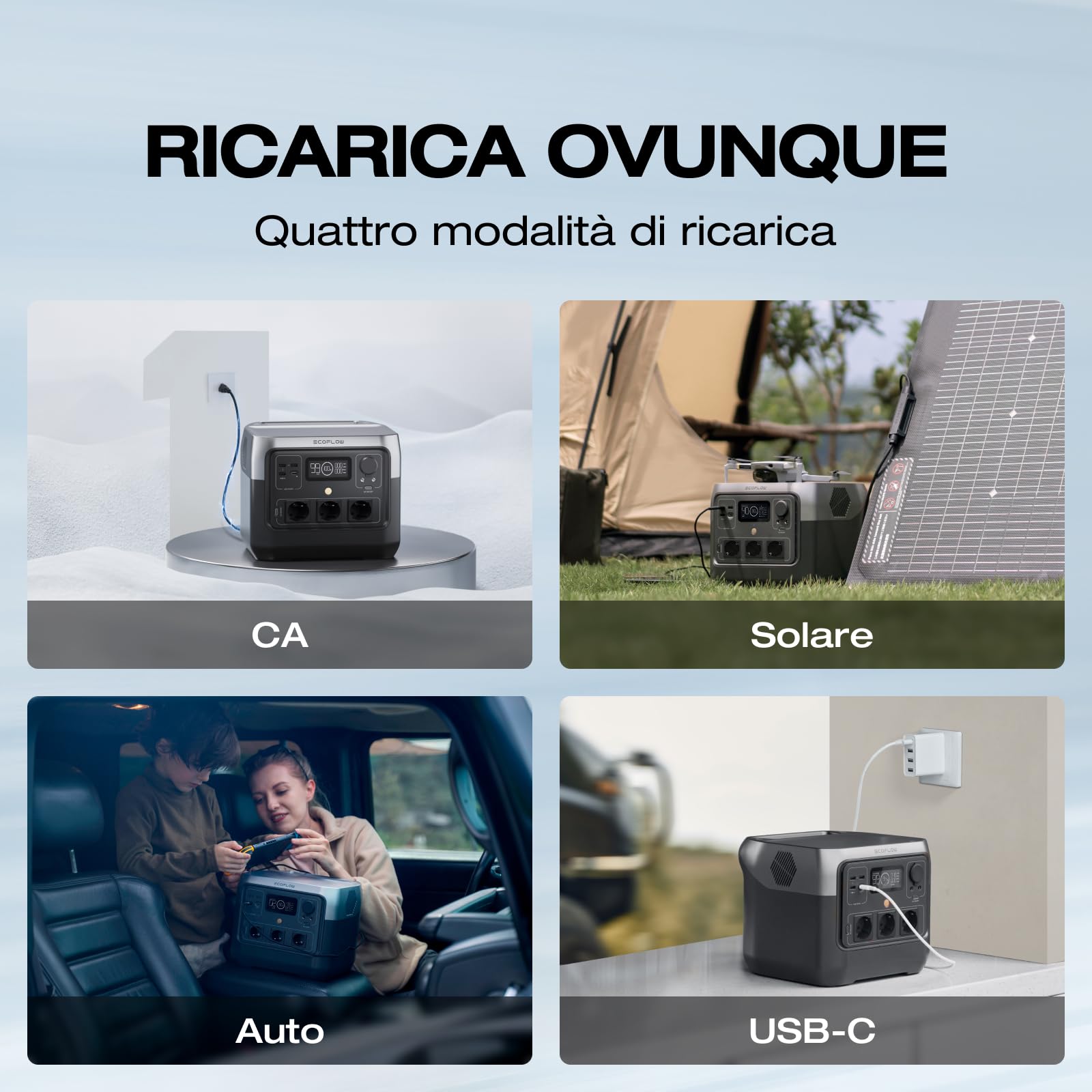 ECOFLOW Centrale Elettrica Portatile RIVER 2 Pro, Batteria LiFeP04 da 768 Wh, Ricarica rapida in 70 min, 3 prese CA da 800 W, Generatore solare per campeggio/camper