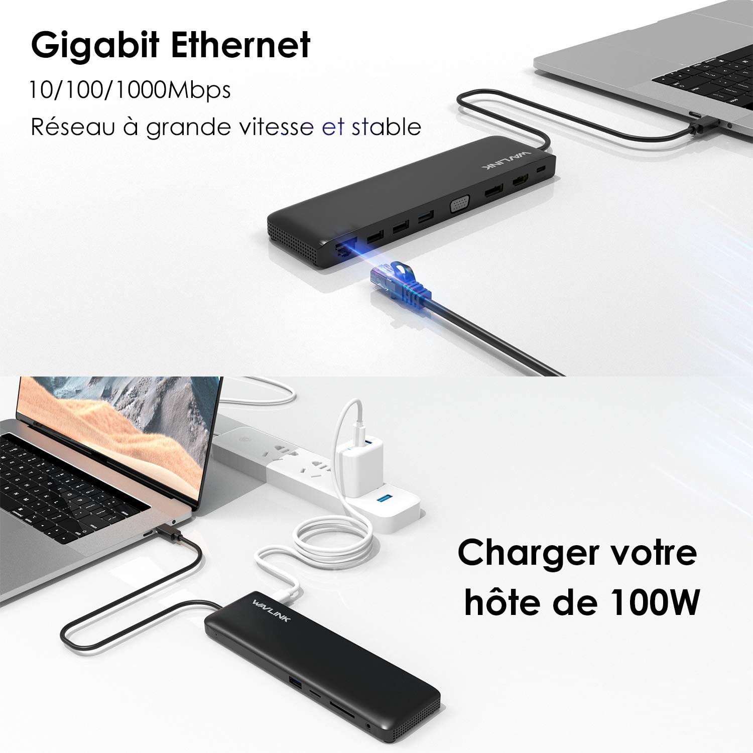 WAVLINK Station d'accueil USB-C, Triple Affichage, Écran d'extension, USB3.0/2.0, VGA, 1x Displayport & HDMI, USB-C 100W PD Charge Alimenté, Rj45 Gigabit Enthernet, Compatible avec Mac Os et Windows