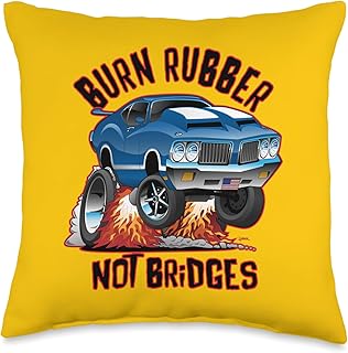 Funny Classic Muscle Car and Vintage Car Cartoons Burn Rubber Not Bridges Fun Retro Nostalgia Car Cartoon Art Throw Pillow, 16x16, Multicolor