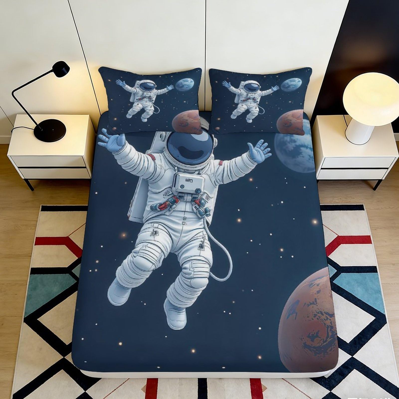 3D Printed Astronaut Space Fitted Sheet Microfiber Soft Breathable Cosmic Planet Bed Cover for Bedroom Dorm Mattress Protection Decor 90x200x25cm