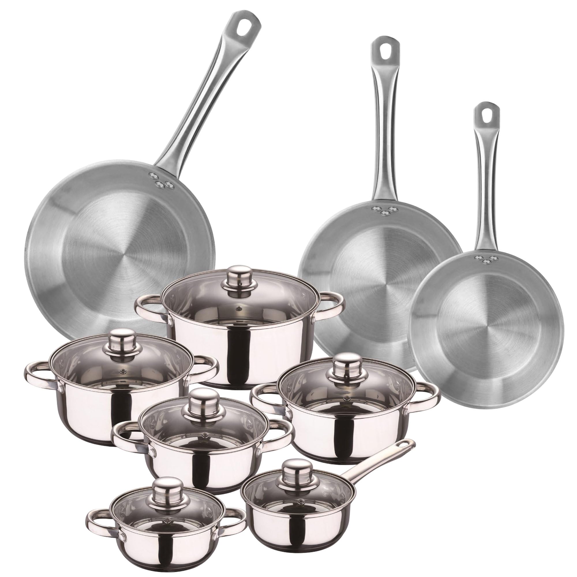 Well Home Set de Batería de Cocina de 12 Piezas y Sartenes en Acero inoxidable Ø20 Ø24 y Ø28 x5cm, Aptas para inducción y SIN antiadherente