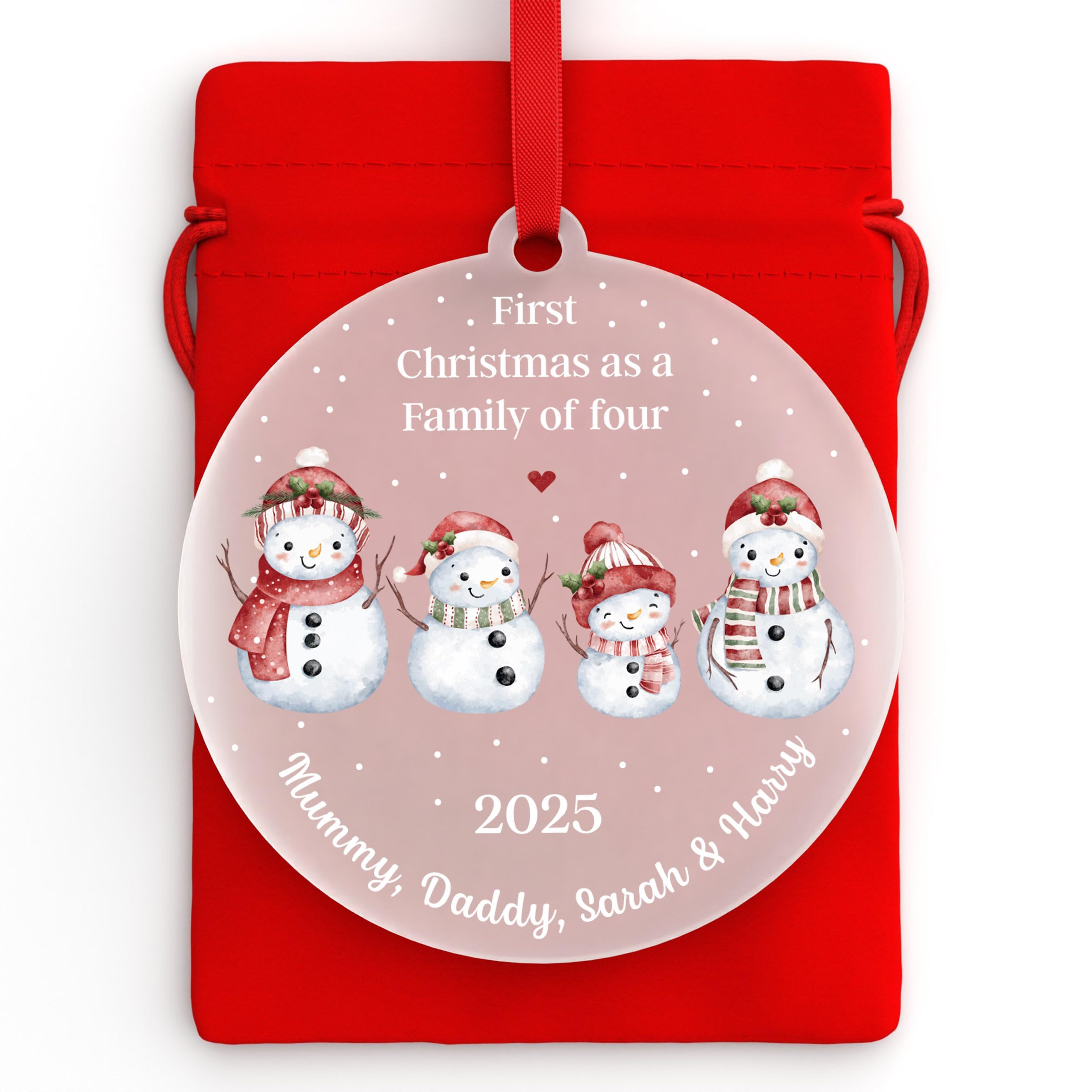 Beecreative Personalised 1st Christmas As A Family Of 4 - Hanging Frosted Bauble - Custom Made Decorative Present