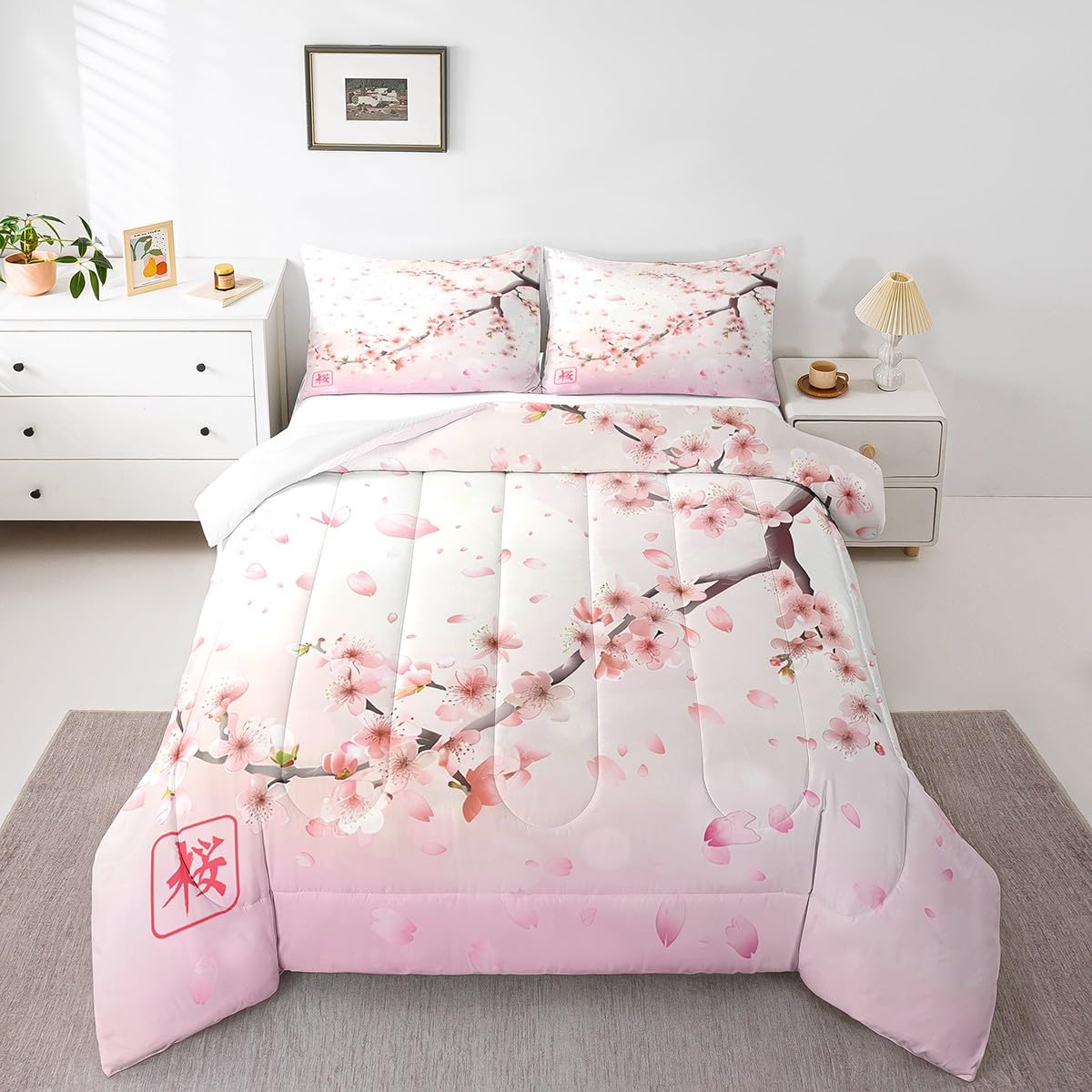 Erosebridal Pink Cherry Blossoms Comforter Set