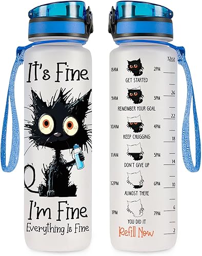 Regalos de cumpleaños para mujeres, botella de agua de gato negro de 32 onzas con marcador de tiempo, regalos de gatos para amantes de los gatos,