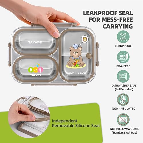Miniatura 4 de Lonchera Bento de acero inoxidable para niños, 26.4 onzas, a prueba de fugas, 3 compartimentos, caja Bento de metal, sin BPA, lindo recipiente de