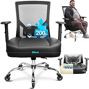 Silla de Oficina Ergonómica XXL 200 KG, Cojín Extra Grande con Muelles y Superficie de PU, Ruedas de Goma Antirayaduras, Soporte Lumbar Ajustable, Inclinación Ajustable sin Niveles, Silla Escritorio
