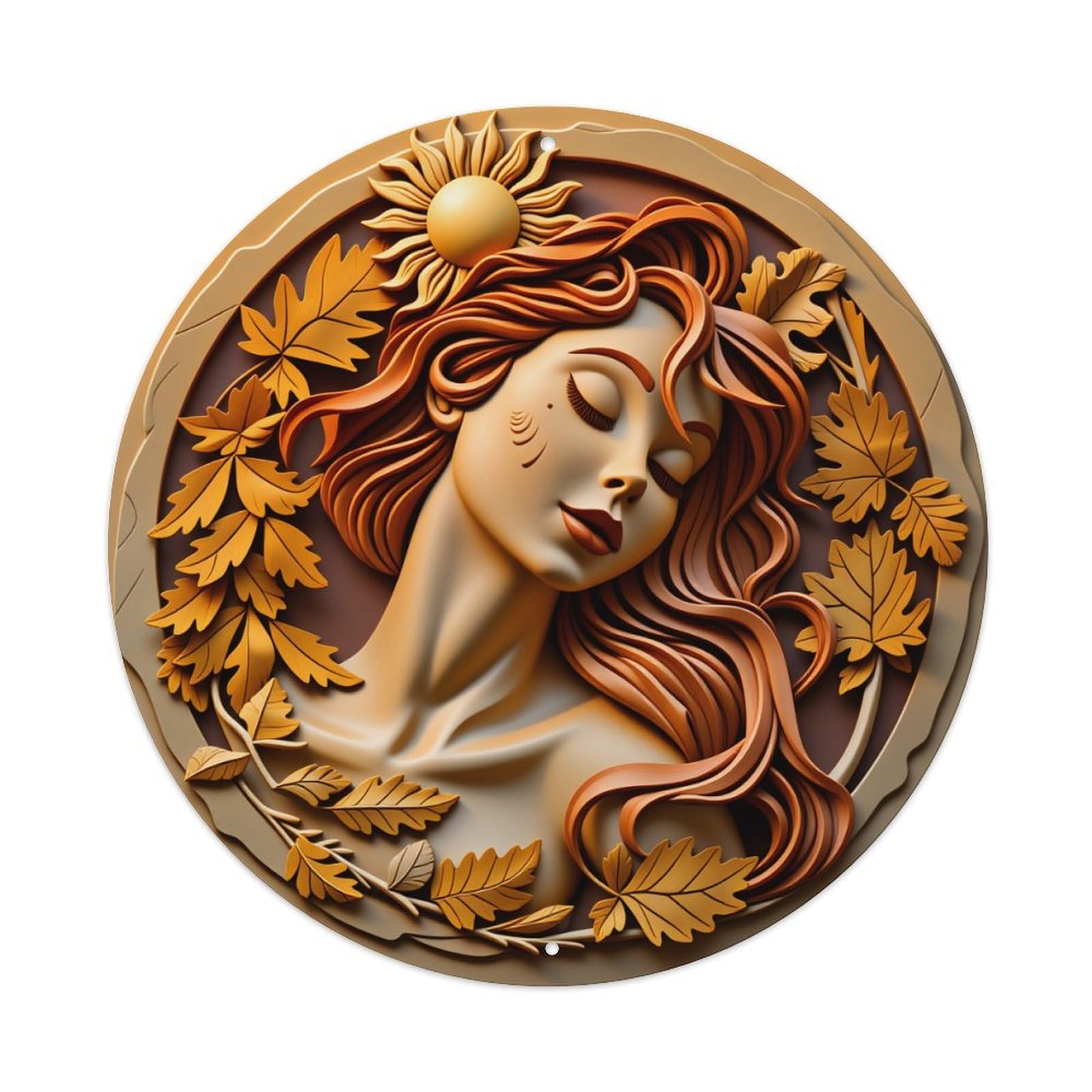 Sunflower Woman Autumn Leaves Relief Round Tin Sign Vintage Metal Poster Retro Bar, Home, Man Cave, Kitchen, Laundry Room Wall Art Decor Gift 8x8In