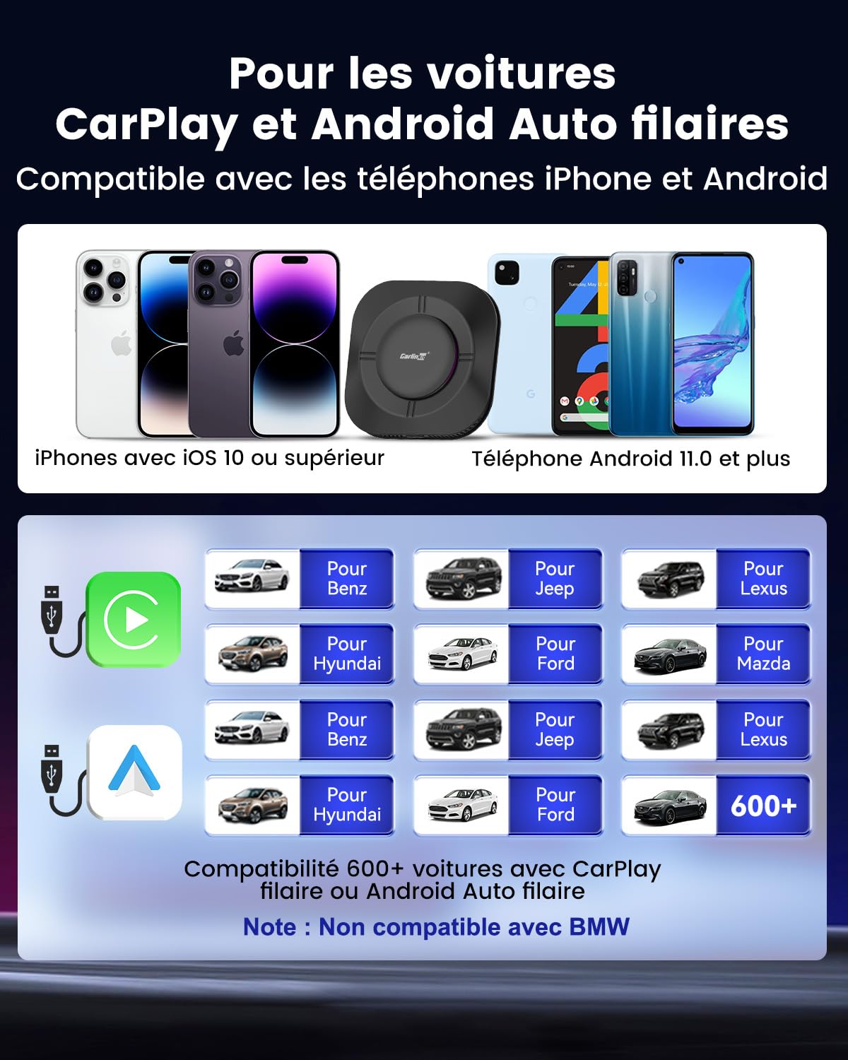 CarlinKit Aibox-Plus Android 13.0 Adaptateur 8 + 128 Go autonome sans fil CarPlay et Android Auto Boîte multimédia 3 en 1 pour voiture avec câble CarPlay
