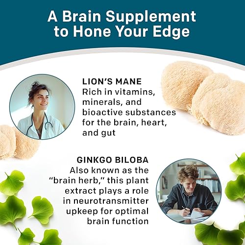 Miniatura 12 de Cápsulas de suplemento de melena de león 14 en 1, suplemento cerebral nootrópico con ginkgo biloba para apoyo cerebral, memoria y concentración