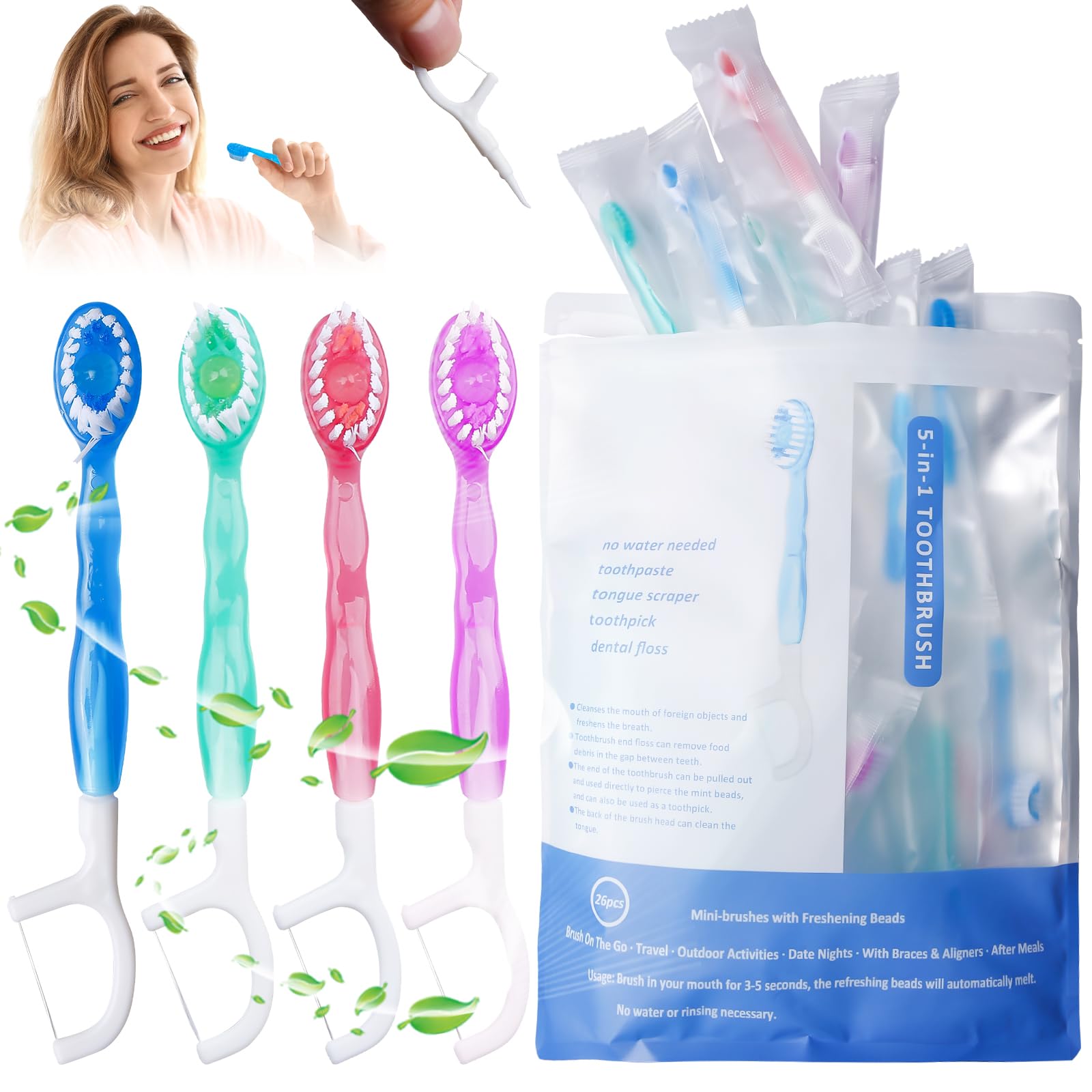 26 spazzolini da viaggio, 5 in 1, usa e getta, mini spazzolini da denti con filo interdentale, mini set di spazzolini da viaggio, spazzola da viaggio, spazzola da viaggio, per campeggio