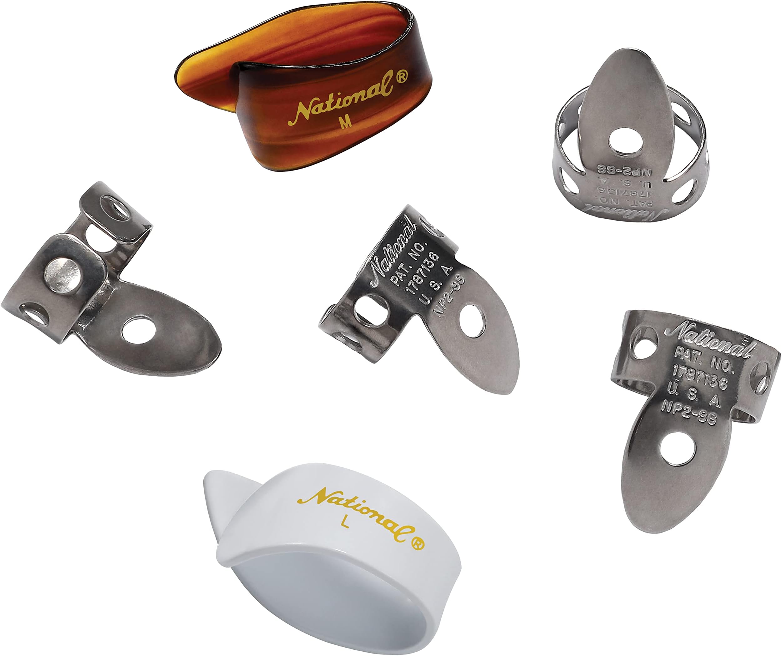 National Finger Picks for Guitar & Banjo, Finger Picks & Thumb Pick Set, Medium/Large, Stainless Steel & Celluloid, Set of 6