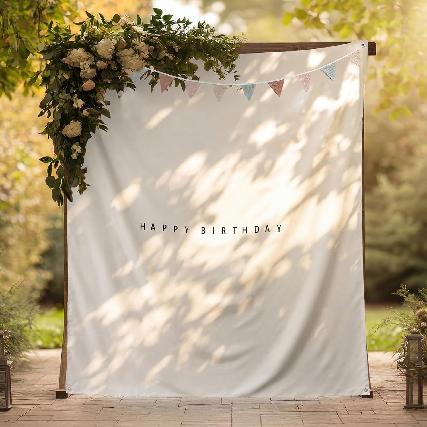 Gilprop Boho Happy Birthday Backdrop Tapestry Set 59x59'' White Happy Birthday Fabric Banner Neutral Triangular Bunting and Sign Reusable Customizable Party Decor for Outdoor Yard Porch(Sage Green)
