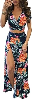 Aro Lora Women's Sexy V Neck Floral Printed Side Slit Two-Piece Maxi Dress