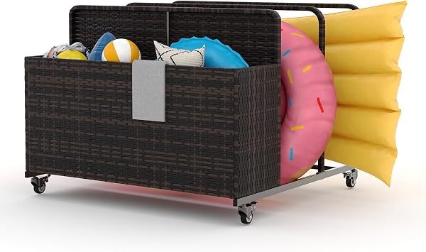 PE Rattan Outdoor Pool Caddy With Rolling Wheels, Patio Wicker Poolside Float Storage Basket for Cushions, Floaties, Noodles, Life Vests, Beach Balls, Toys