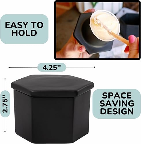 Miniatura 4 de French Butter Crock con tapa y cuchillo para untar madera  Mantequera negro mate  Mantequilla moderna en forma hexagonal  Mantequilla francesa de