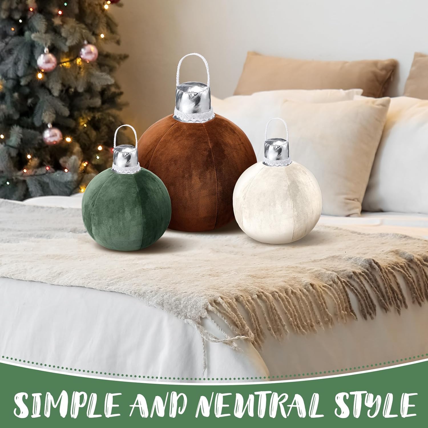 Shellwei 3 Pcs Christmas Bell Pillow Velvet Round Throw Pillows 3D Stuffed Ball Shaped Pillow Neutral Cute Christmas Decorations for Bedroom Living Room and Gift for Christmas(Moss Green,Velvet)