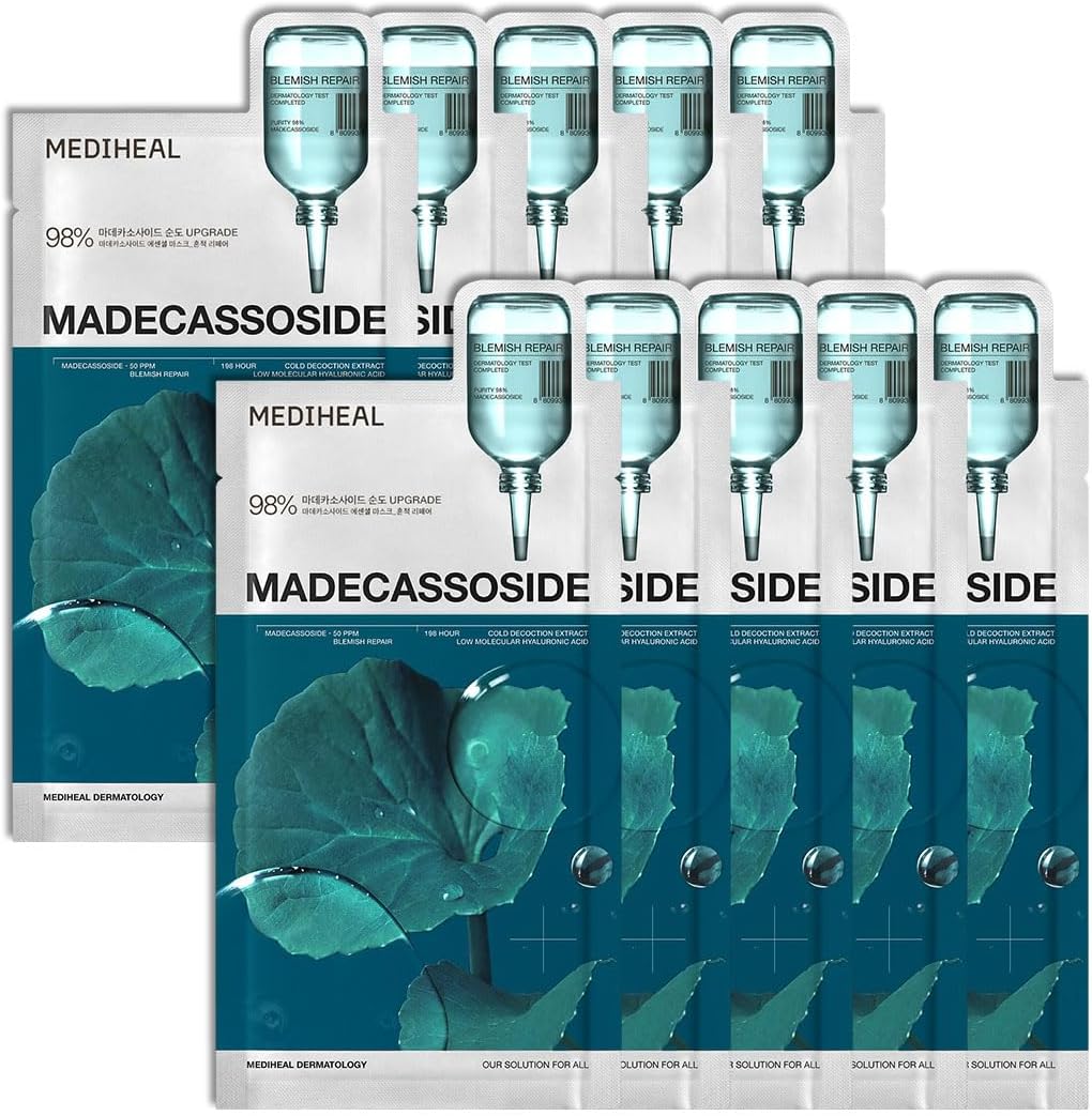 Essential Face Mask [Madecassoside] Blemish Repair 10 pcs. with 98% Purity Madecassoside & Hyaluronic Acid - Soothing Care, Hydrating- Travel Essentials, Vegan Formula Korean Sheet Mask