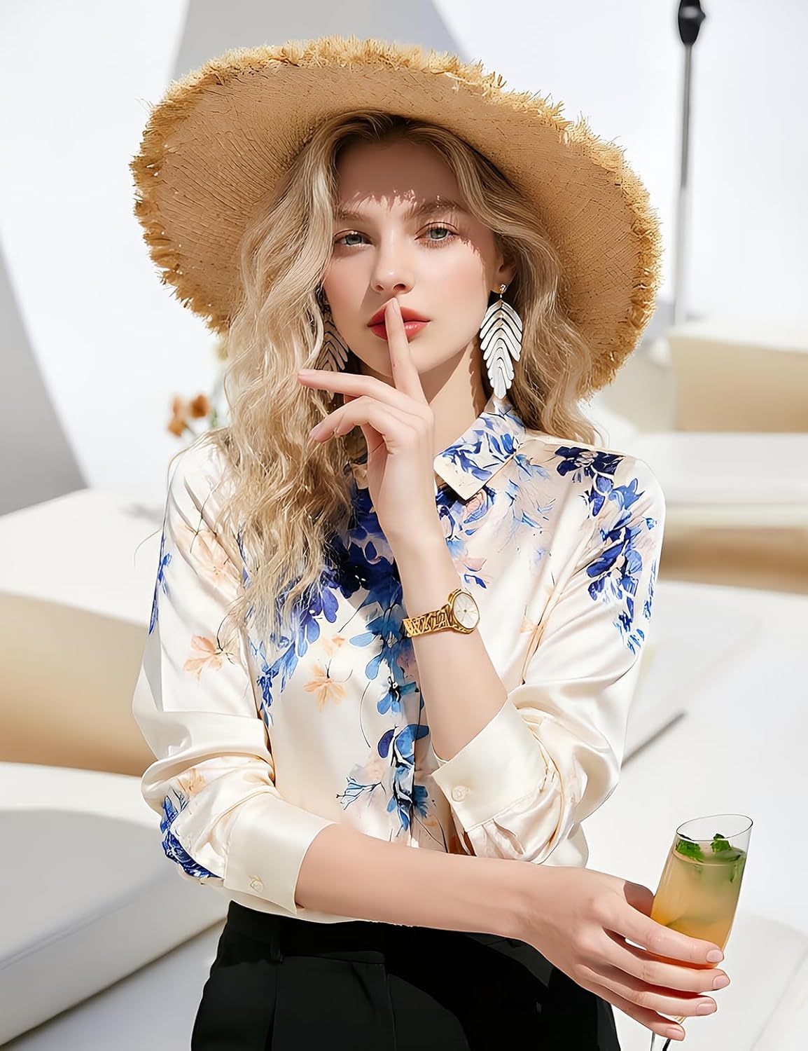 Womens Mulberry Silk Blouse Long Sleeve Printed Blouse Business Casual Button Down Shirt