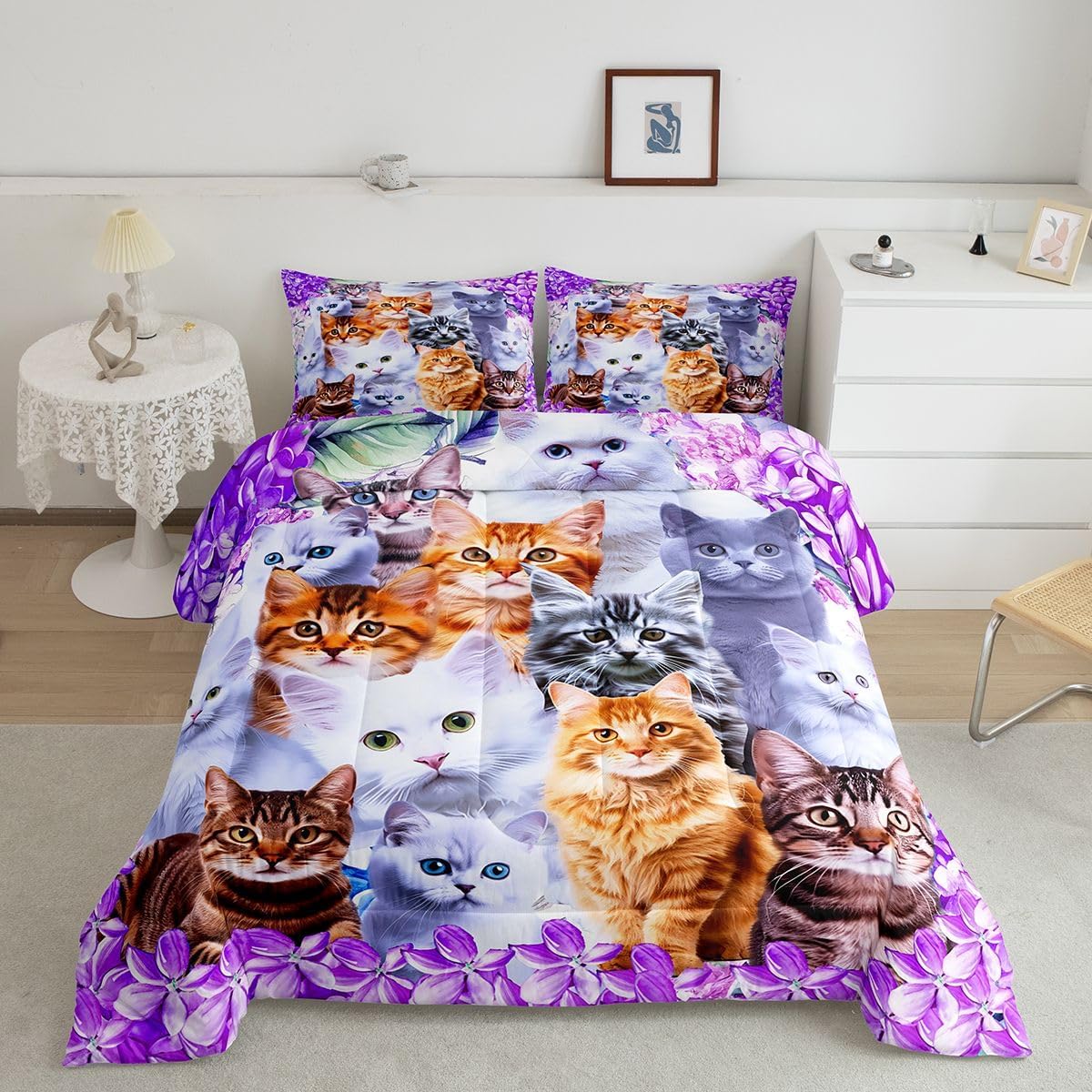 Cute Cat Bedding Full Size Comforter Set Pet Cats Kawaii Toddler Bedding Set for Kids Boys Girls Lovers Cat Purple Comforter Feline Animal Lovely Decor Warmth Quilt Set with 2 Pillowcases 3Pcs