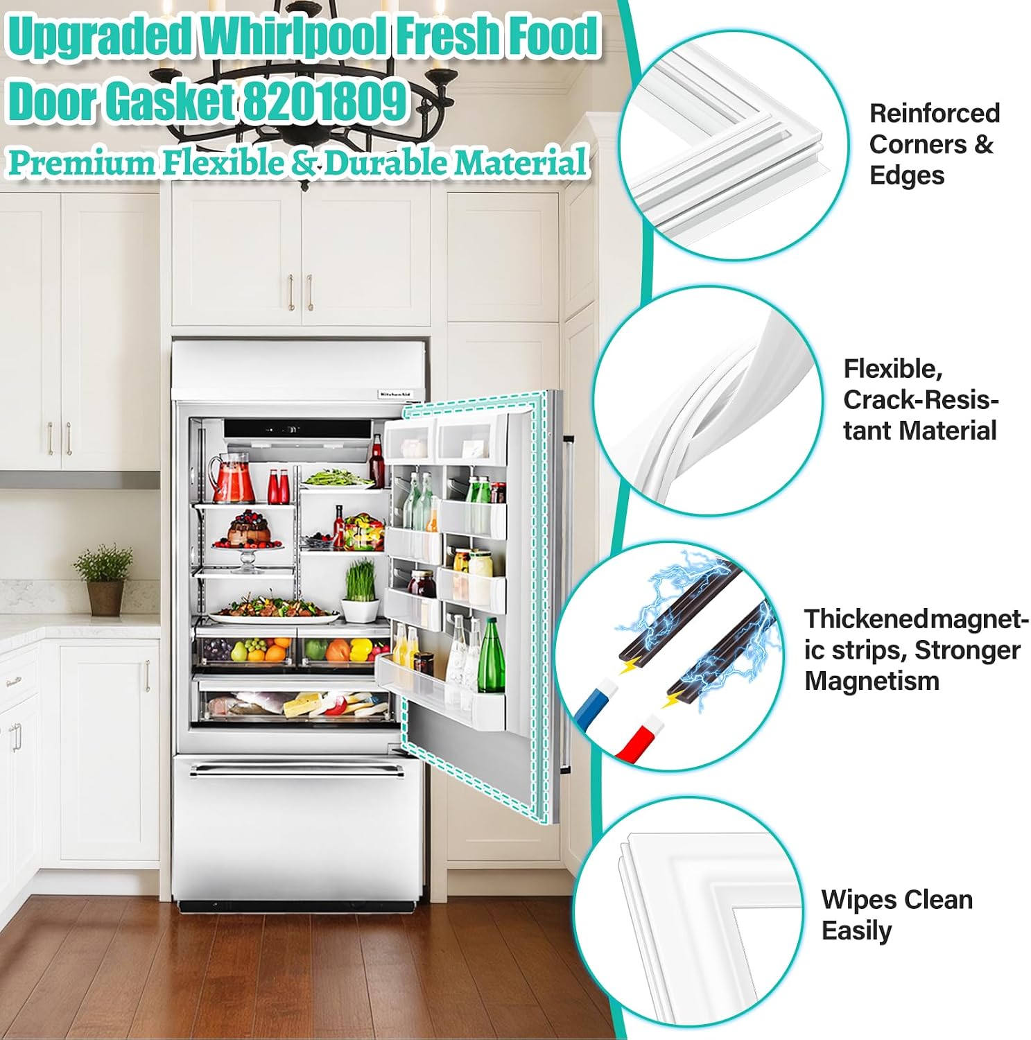 Upgraded 8201809 Refrigerator Door Gasket Seal Replacement for Whirlpool, May-tag, Kitchen-Aid, JennAir Fresh Food Door Seal Replaces WR14X40082, 2268265, W10694220 Stop Cold Air Leak, Easy Install