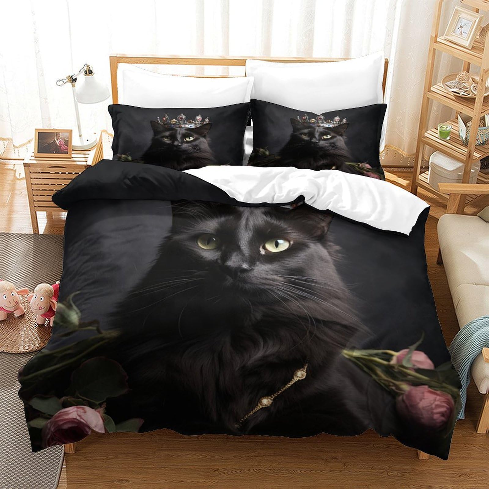 P1S9U7W5Y Majestic 3D Printed Black Cat Microfiber 3 Piece Duvet Cover Set Teen Bedroom Decor Cat Bedding Set Gift King（220x240cm）
