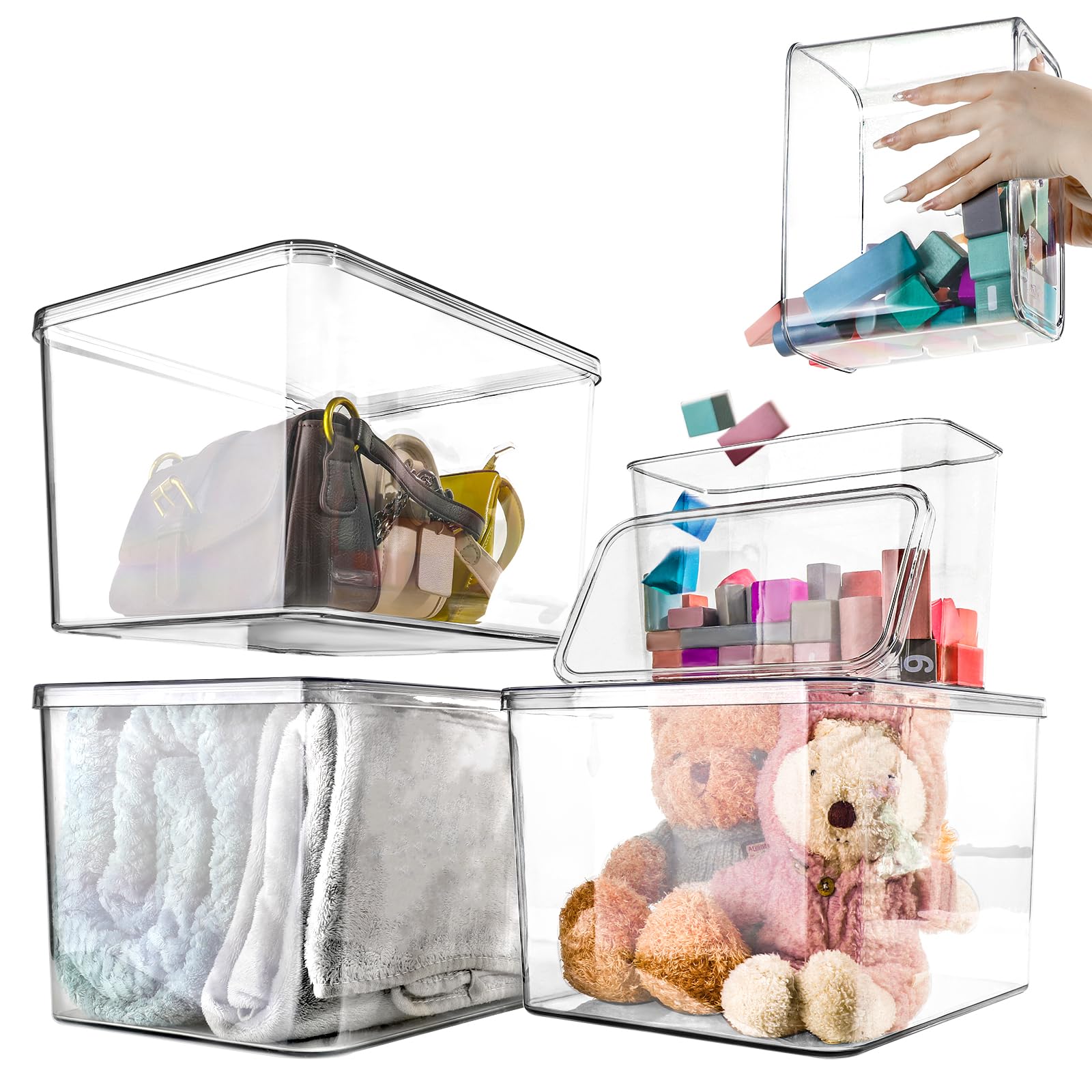 Sgoostood Clear Storage Bins With Lids,5 Packs Transparent Food Storage Organizer,Stackable Lidded Storage Boxes Baskets Home Kitchen Closet Shelf Organizer Clothes Towel Blanket Kid Toy Containers
