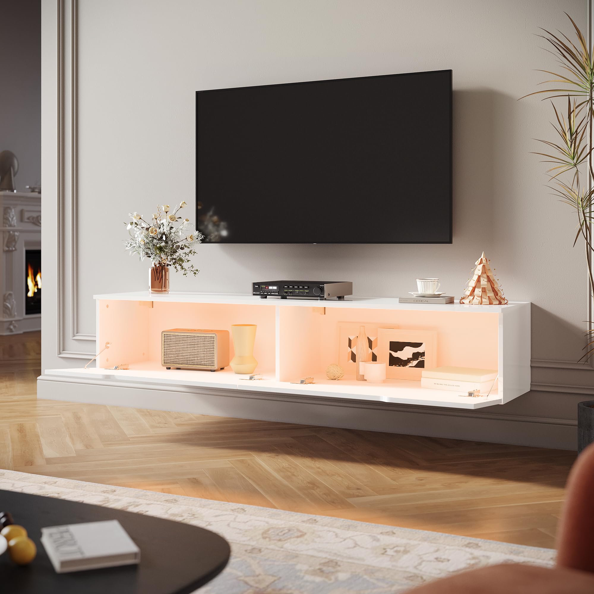 SIRHONA Meuble TV LED Blanc Laqué éclairage LED avec 16 Couleurs Ajustables, Plateau TV Haute Brillance, sur Pied ou Suspendu, pour Le Salon ou La Chambre à Coucher
