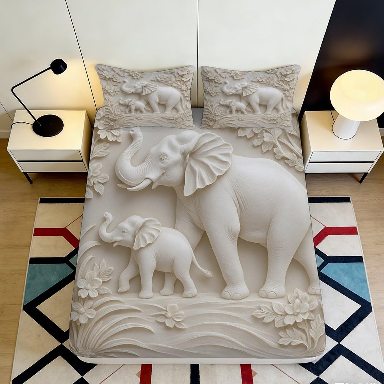 3D Printed Elephant Family Fitted Sheet Microfiber Soft Durable 3D Relief Bed Cover for Bedroom Dormitory Guest Room Mattress Protection 160x200x25cm