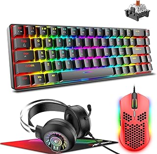 ZIYOU LANG T8 Gaming Keyboard+Mouse+Headset+Mouse pad Combo, 60% Percent Mini Mechanical Keyboard, Lightweight Mice PC Gaming Headphone RGB Chroma Backlit Wired 4 in 1 Gaming Bundle-Black/Brown Switch