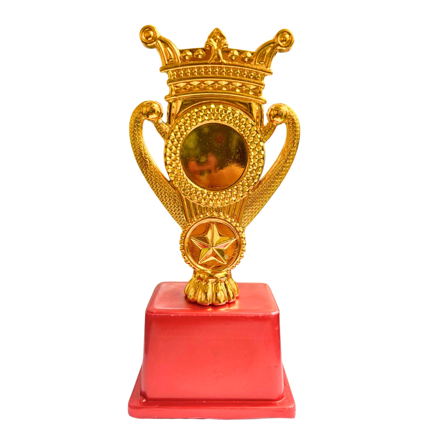 Crown Trophy with Cup Design, Gold-Coloured, Star Emblem, Red Base, Logo Printing, Writings & Customisation Available (Set of 1, Small (7.5 inches))-image-45