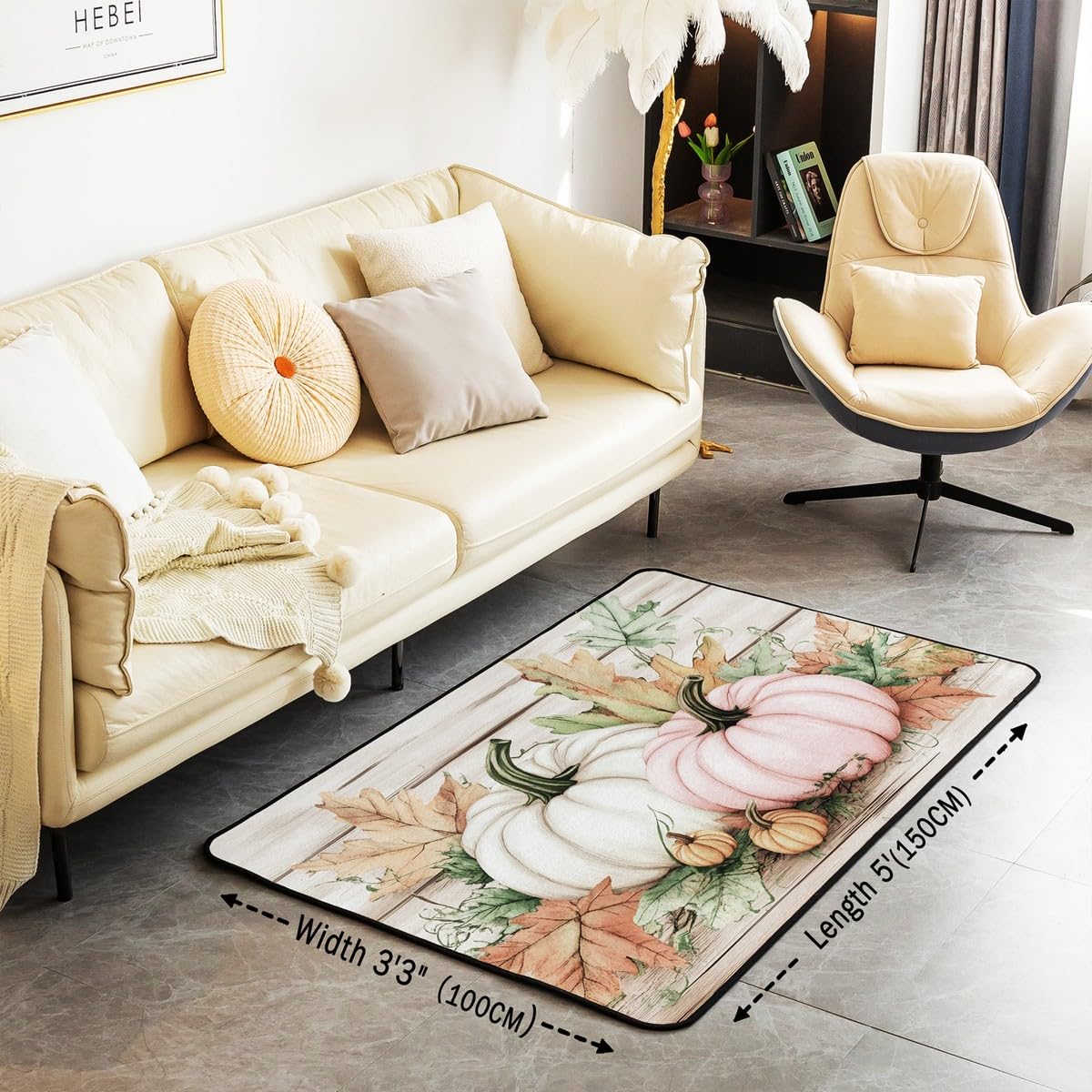 Dywan z motywem dyni 100 x 150 cm, Święto Dziękczynienia, liście klonu, nie gubi włosia, prostokątny dywan, szczęśliwa jesień nadruk dzieci nastolatki wewnętrzna mata podłogowa do salonu sypialni,