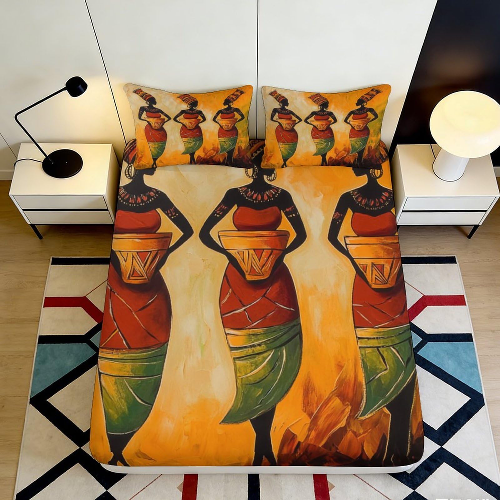 3D Printed African Tribal Art Fitted Sheet Microfiber Soft Breathable Ethnic Woman Mattress Cover Bedroom Decor 90x200x25cm