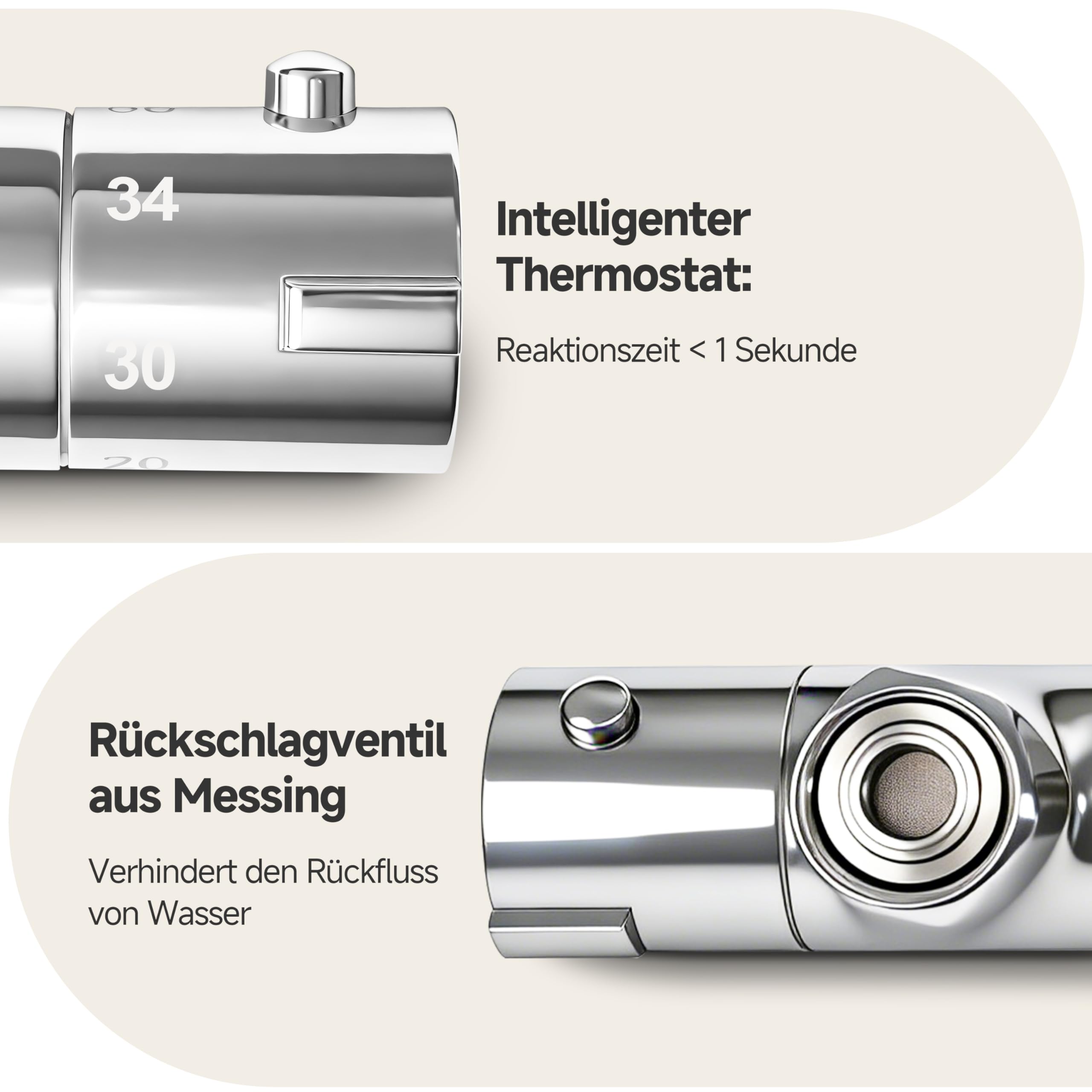 Chrom Mischbatterie Thermostat Duscharmatur mit 38 ℃ Sicherheitssperre | Aufputz Duscharmatur Regendusche aus Messing, Bad Armatur Dusche mit 2 Auslässen, Oben 3/4" BSP + Unten 1/2" BSP BATHLAVISH