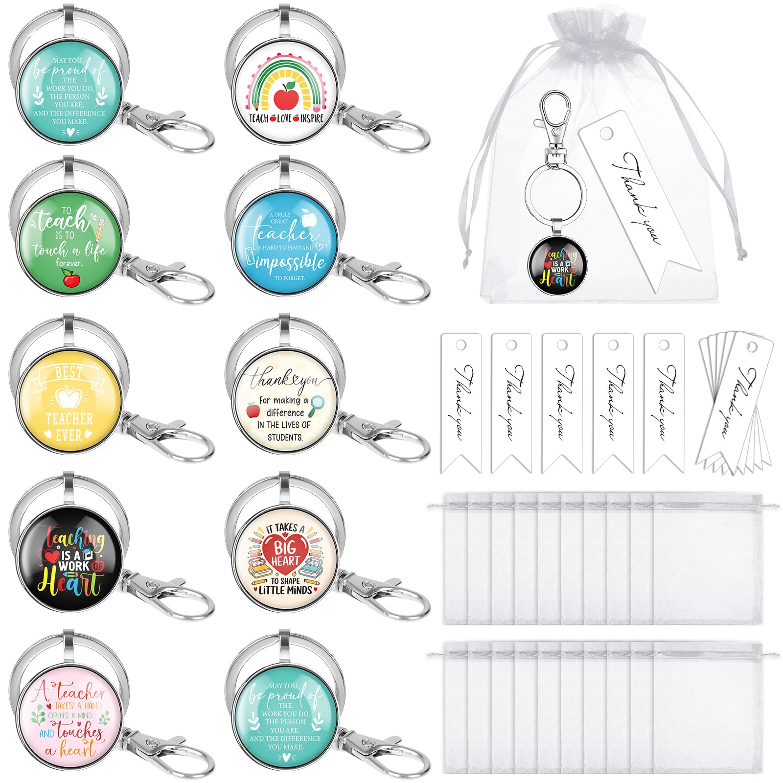 Vergissmeinnicht Unisex Multicolor 10 Pack Teacher Appreciation Gifts Inspirational Thank You Keyring Set With Cards & Organza Bags Motivational Keychain For Teachers Colleagues Coworkers End Of Year Graduation Leaving Gifts