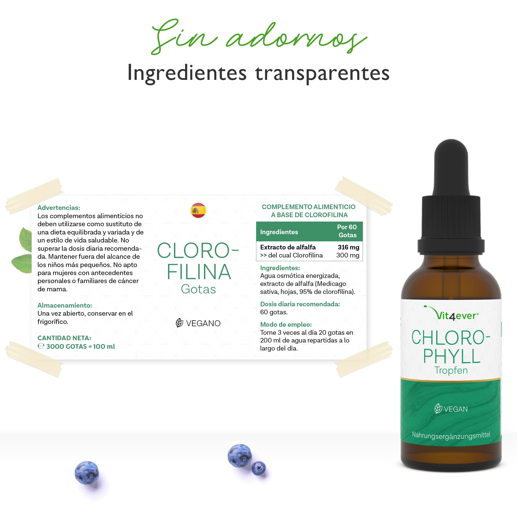 Gotas de clorofila 100 ml - Premium: Dosis hasta 4 veces superior - Clorofila líquida de extracto de alfalfa - Con agua de ósmosis purificada - Vegano