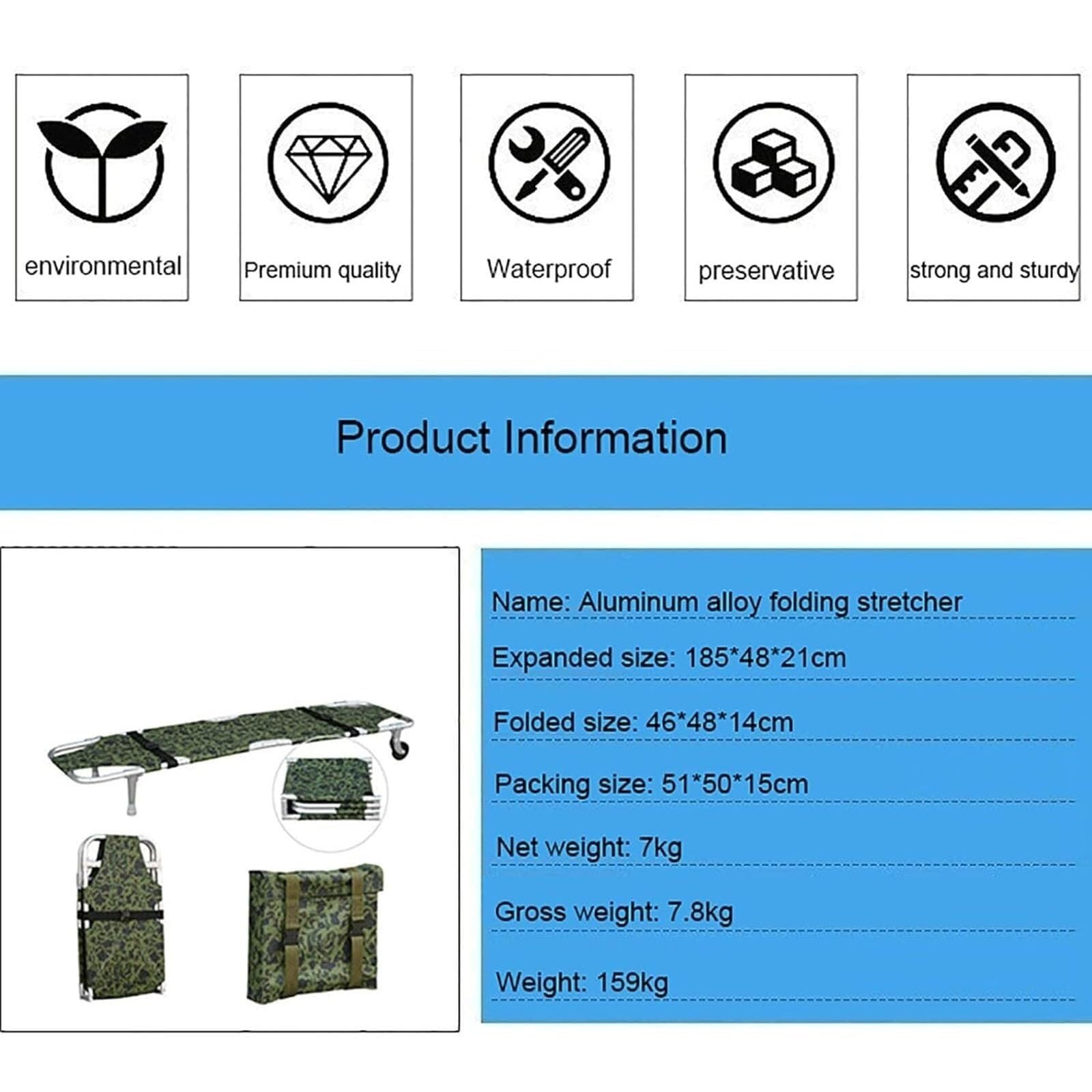 Camilla de rescate de emergencia: Camilla plegable portátil de aluminio con ruedas y Bolsa de almacenamiento, Camilla portátil para salvamento en exteriores, Cami