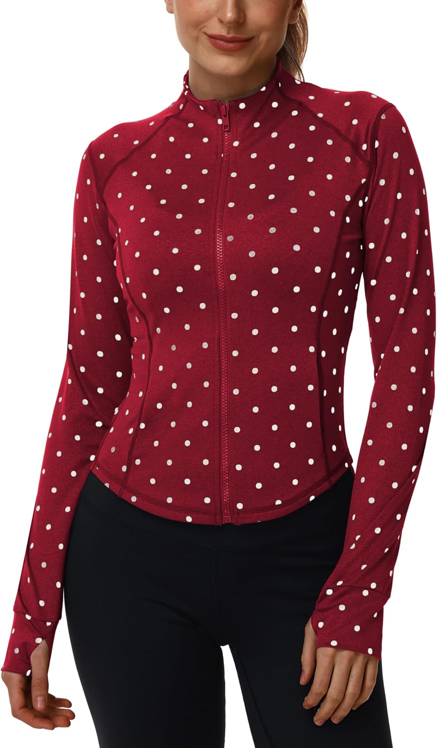 Women's Polka Dot Yoga Jacket Full Zip Slim Fit Workout Running Jacket with Thumbholes Athletic Outerwear