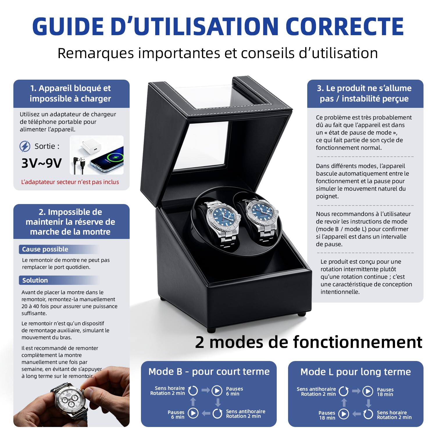 Mcbazel Remontoir Montre Automatique Cuir Boîte de Remontoir à Double Montre, Chargeant le Double Ecrins pour Automatiques d'unité Rotative à Double Silencieux 2 Mode Rotation Boîte à Montre Remontoir