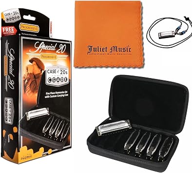 Hohner Special 20s SPC Harmonica 5-Pack- Keys of G, A, C, D, E Bundle with Juliet Music Polish Cloth and Hohner N38 Mini Harmonica