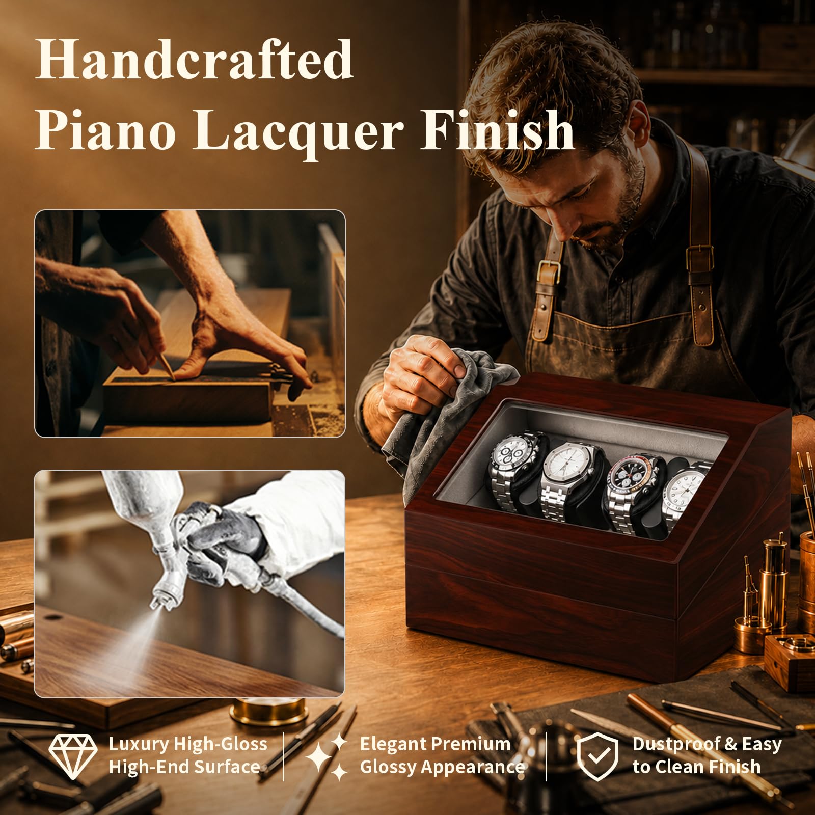 Uhrenbeweger Spinner für 4 Automatikuhren mit 5 Aufbewahrungskoffer | Uhrenbeweger für mehrere Uhren mit leisem Motor, handgefertigtes Klavier-Finish, Holz-Spinner für Herren- und Damenuhren