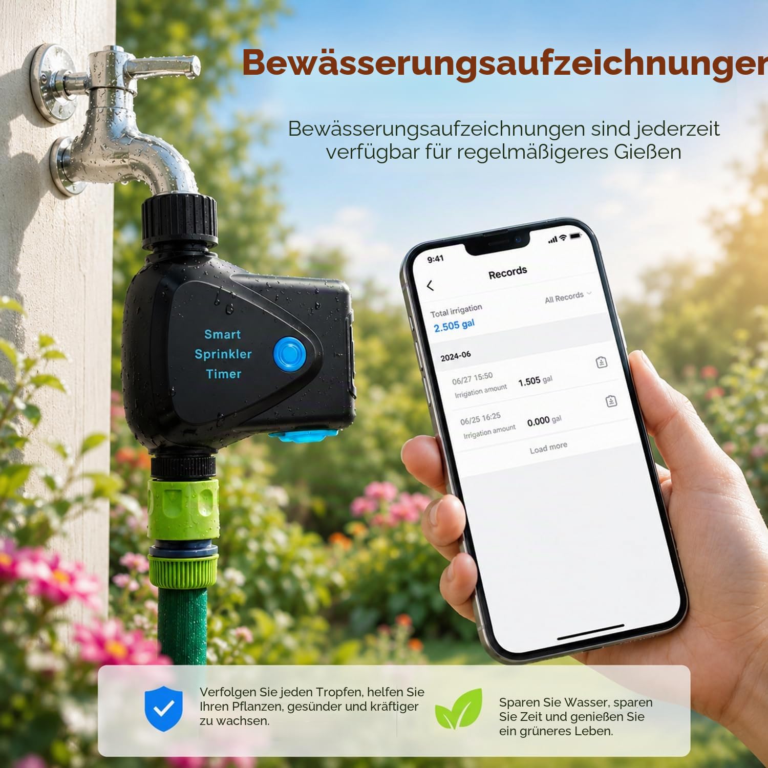 WLAN Bewässerungscomputer: Smart Bewässerungstimer mit Wasserverbrauchsmessung, App-Fernsteuerung, Regenverzögerung, Automatischer Gartenhahn-Timer für Balkon, Garten, Rasen