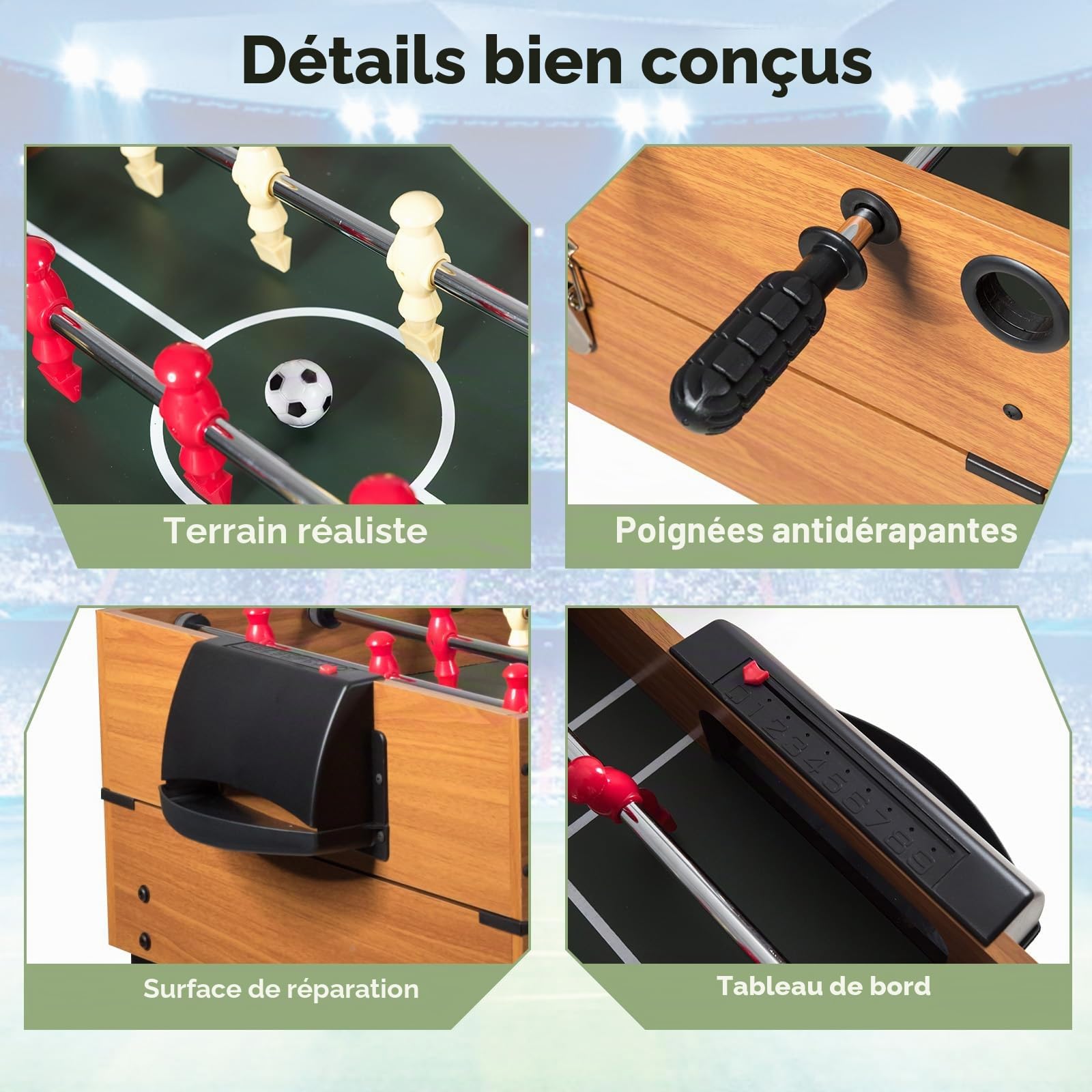 Homasis Table de jeux en bois 3 en 1 avec table de hockey sur air, billard, football, salle de jeux pour enfants et adultes