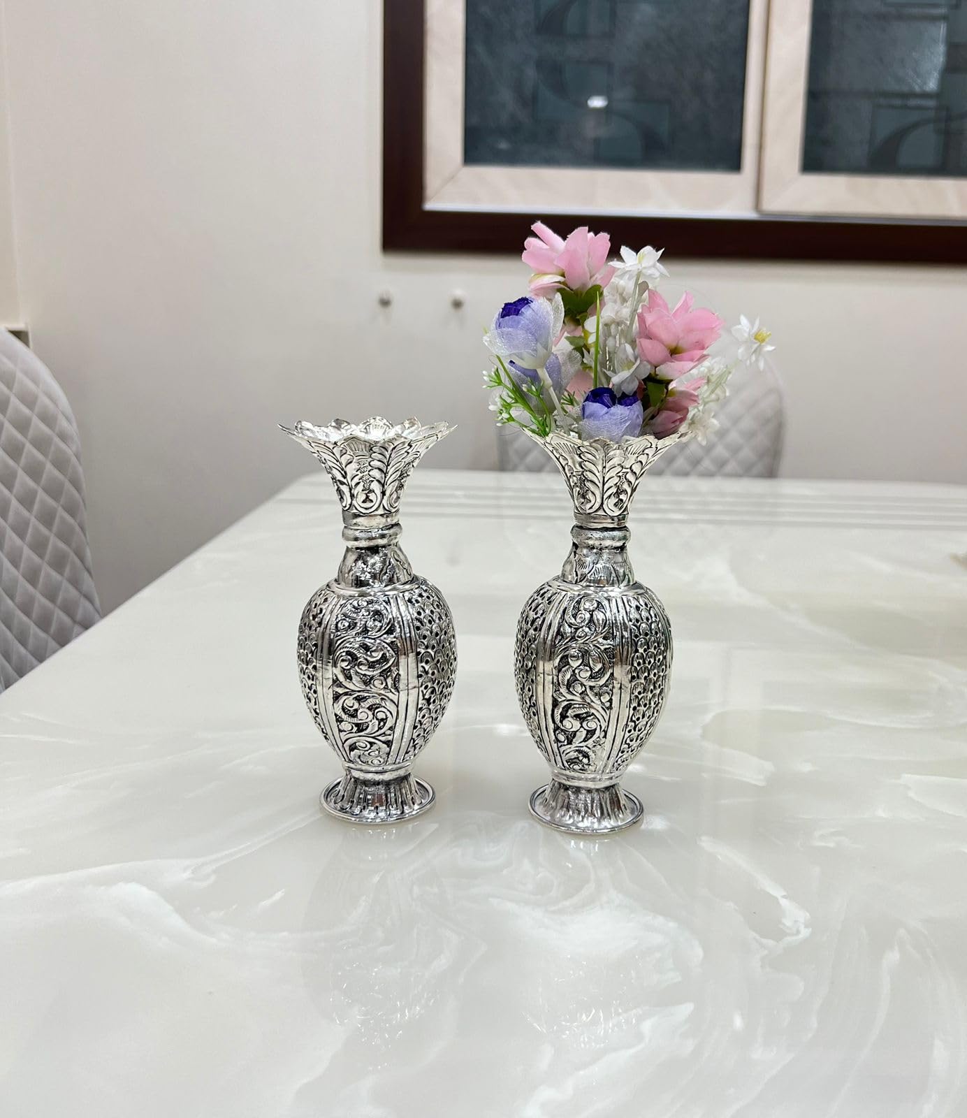 German Silver Vase Pair for Home & Office Decor | Premium Finish Decorative Flower & Centerpiece Bowl | Elegant Tabletop Showpiece for Living Room, Reception & Gifting – 6 Inch, Set of 2-image-37
